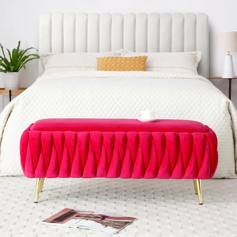 Panca contenitore ovale con gambe dorate, rivestita in velluto, pouf contenitore per camera da letto e fondo del letto, panca in tessuto sherpa