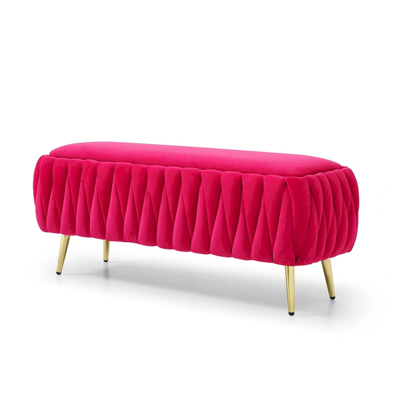 Panca contenitore ovale con gambe dorate, rivestita in velluto, pouf contenitore per camera da letto e fondo del letto, panca in tessuto sherpa