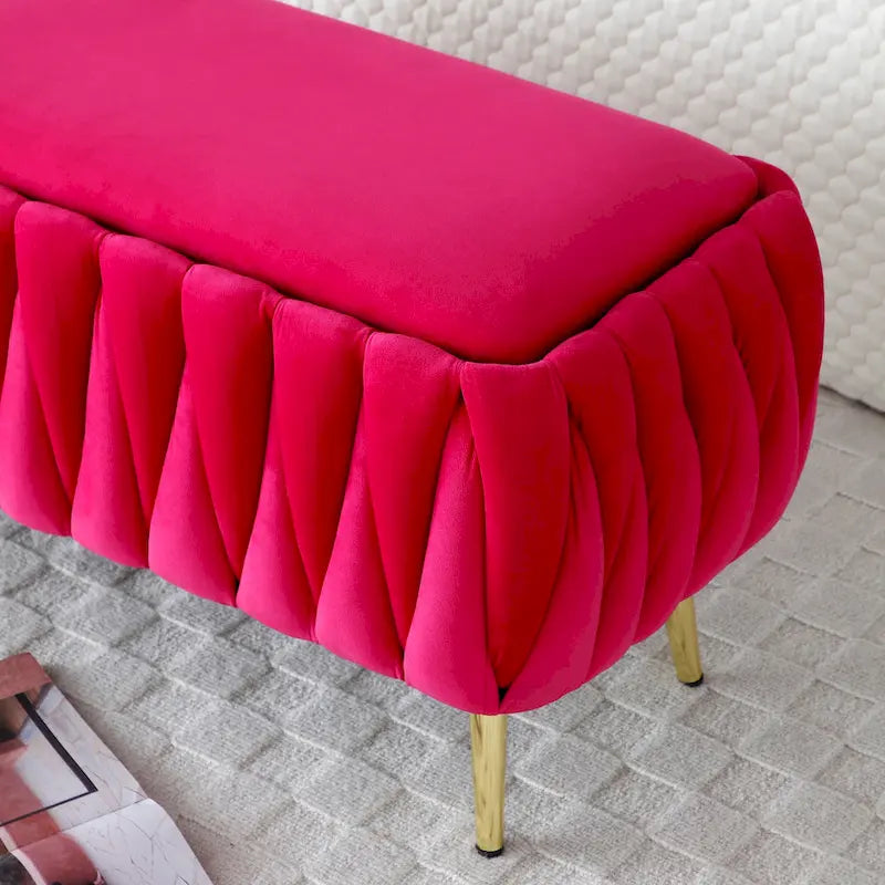 Panca contenitore ovale con gambe dorate, rivestita in velluto, pouf contenitore per camera da letto e fondo del letto, panca in tessuto sherpa