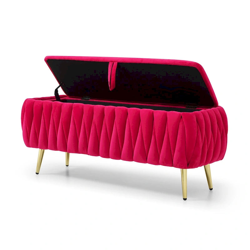 Panca contenitore ovale con gambe dorate, rivestita in velluto, pouf contenitore per camera da letto e fondo del letto, panca in tessuto sherpa