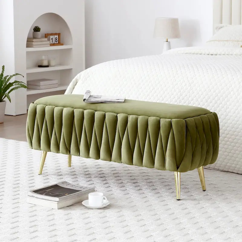 Panca contenitore ovale con gambe dorate, rivestita in velluto, pouf contenitore per camera da letto e fondo del letto, panca in tessuto sherpa