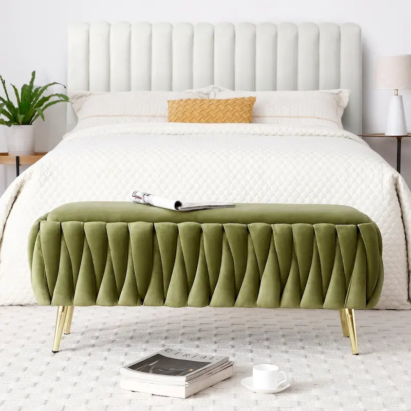 Panca contenitore ovale con gambe dorate, rivestita in velluto, pouf contenitore per camera da letto e fondo del letto, panca in tessuto sherpa