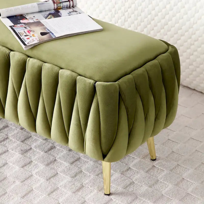 Panca contenitore ovale con gambe dorate, rivestita in velluto, pouf contenitore per camera da letto e fondo del letto, panca in tessuto sherpa