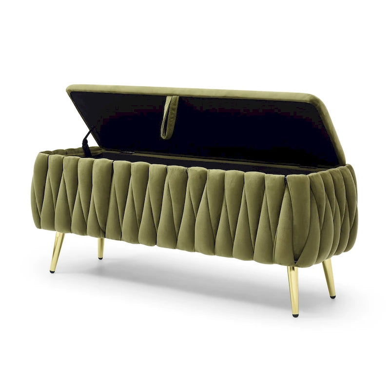 Panca contenitore ovale con gambe dorate, rivestita in velluto, pouf contenitore per camera da letto e fondo del letto, panca in tessuto sherpa