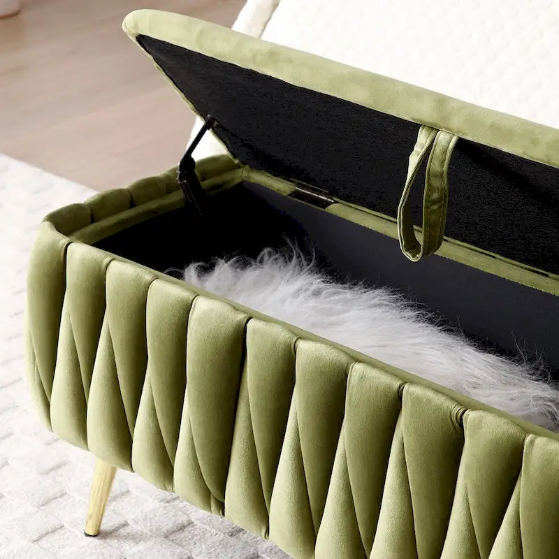 Panca contenitore ovale con gambe dorate, rivestita in velluto, pouf contenitore per camera da letto e fondo del letto, panca in tessuto sherpa
