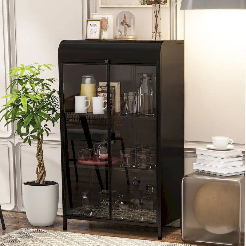 47.6Tall Metal Cabinet with Glass Doors&Flip-Top,4-Tier Display Cabinet with Open Shelves,Freestanding Steel Sideboard Buffet