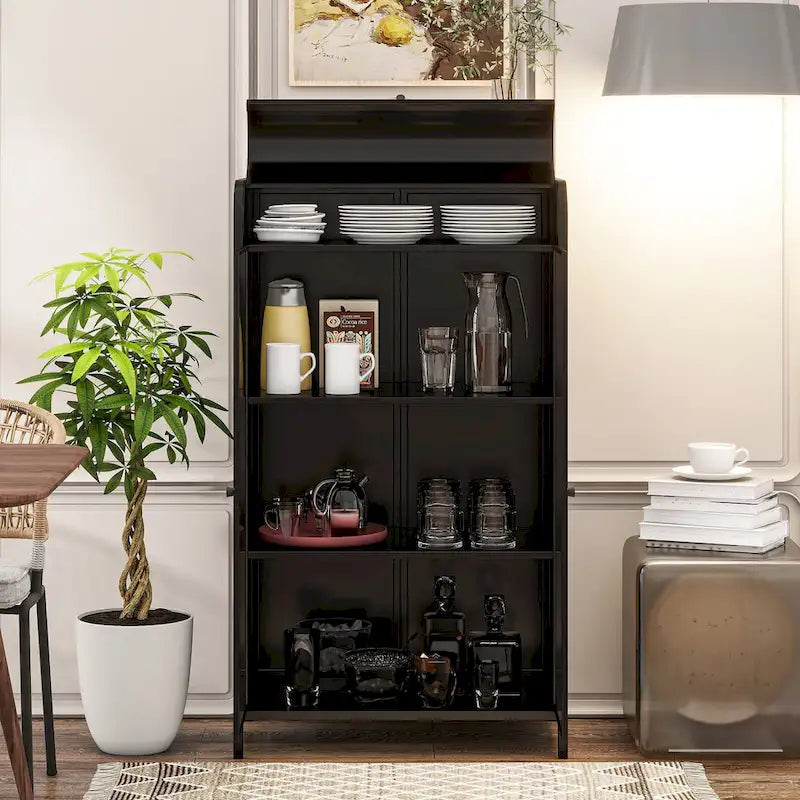 47.6Tall Metal Cabinet with Glass Doors&Flip-Top,4-Tier Display Cabinet with Open Shelves,Freestanding Steel Sideboard Buffet