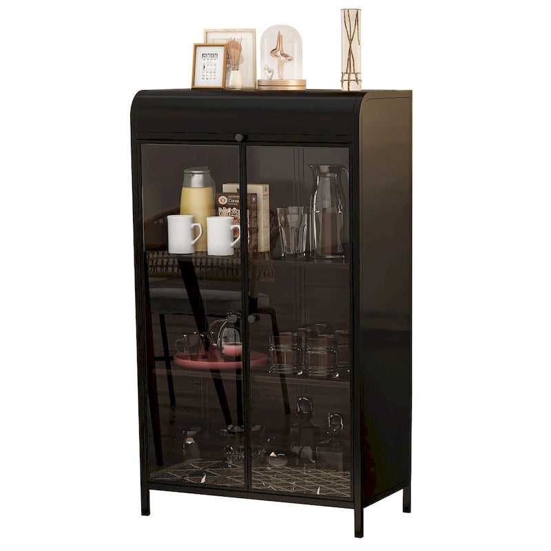 47.6Tall Metal Cabinet with Glass Doors&Flip-Top,4-Tier Display Cabinet with Open Shelves,Freestanding Steel Sideboard Buffet