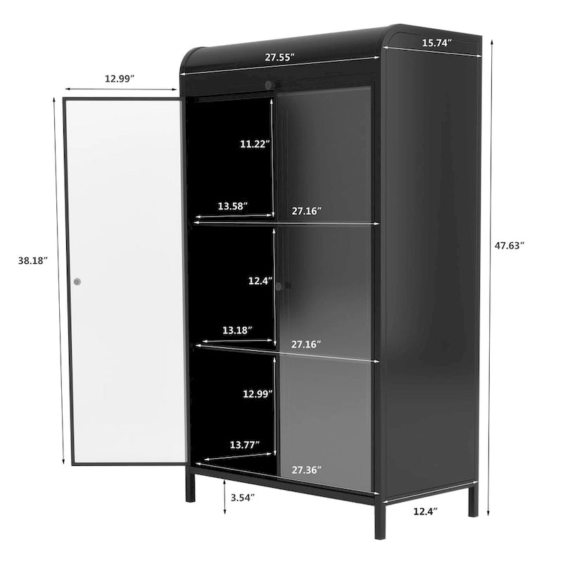 47.6Tall Metal Cabinet with Glass Doors&Flip-Top,4-Tier Display Cabinet with Open Shelves,Freestanding Steel Sideboard Buffet