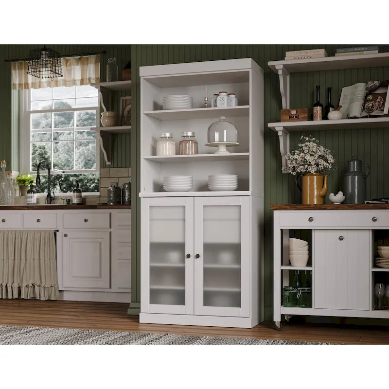 Solid Wood Pantry Cabinet with Frosted Glass Doors, 2-Drawers and Adjustable Shelves - 32 x 71.5