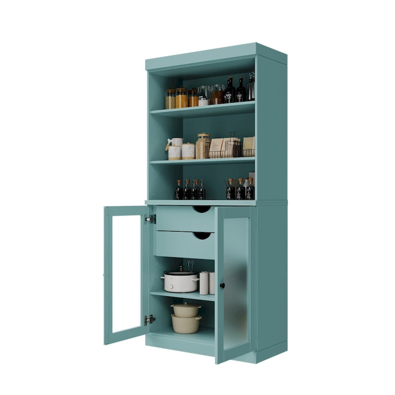Solid Wood Pantry Cabinet with Frosted Glass Doors, 2-Drawers and Adjustable Shelves - 32 x 71.5