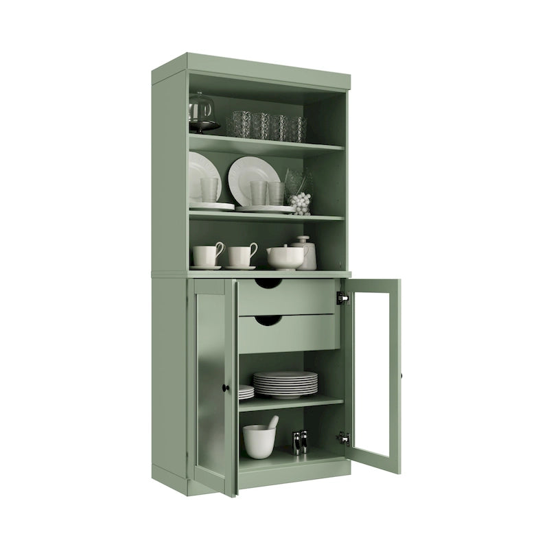 Solid Wood Pantry Cabinet with Frosted Glass Doors, 2-Drawers and Adjustable Shelves - 32 x 71.5