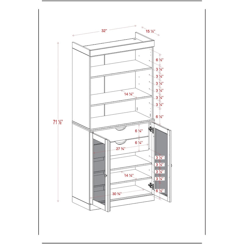 Solid Wood Pantry Cabinet with Frosted Glass Doors, 2-Drawers and Adjustable Shelves - 32 x 71.5