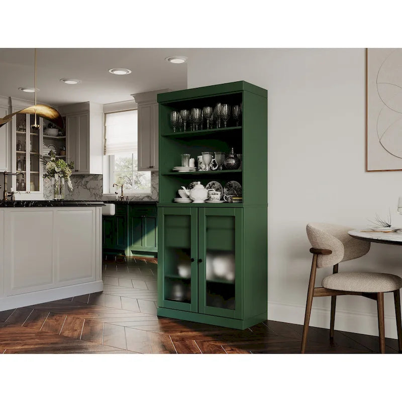 Solid Wood Pantry Cabinet with Frosted Glass Doors, 2-Drawers and Adjustable Shelves - 32 x 71.5