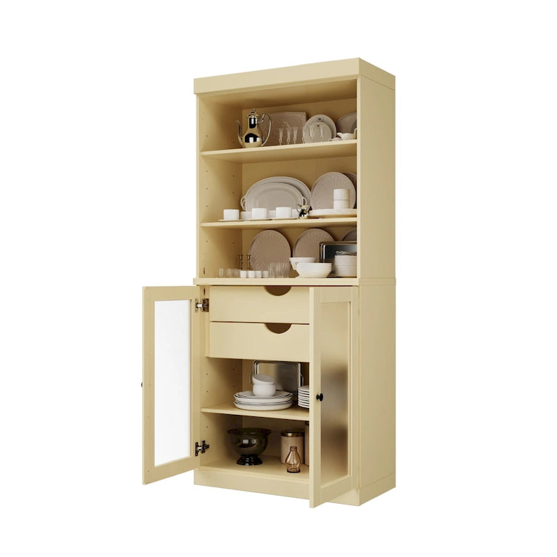 Dispensa in legno massello con ante in vetro satinato, 2 cassetti e ripiani regolabili - 32 x 71.5