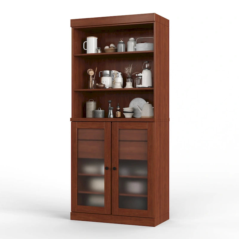 Dispensa in legno massello con ante in vetro satinato, 2 cassetti e ripiani regolabili - 32 x 71.5