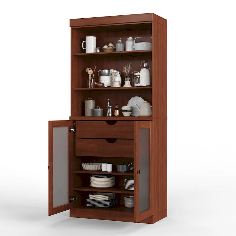 Dispensa in legno massello con ante in vetro satinato, 2 cassetti e ripiani regolabili - 32 x 71.5