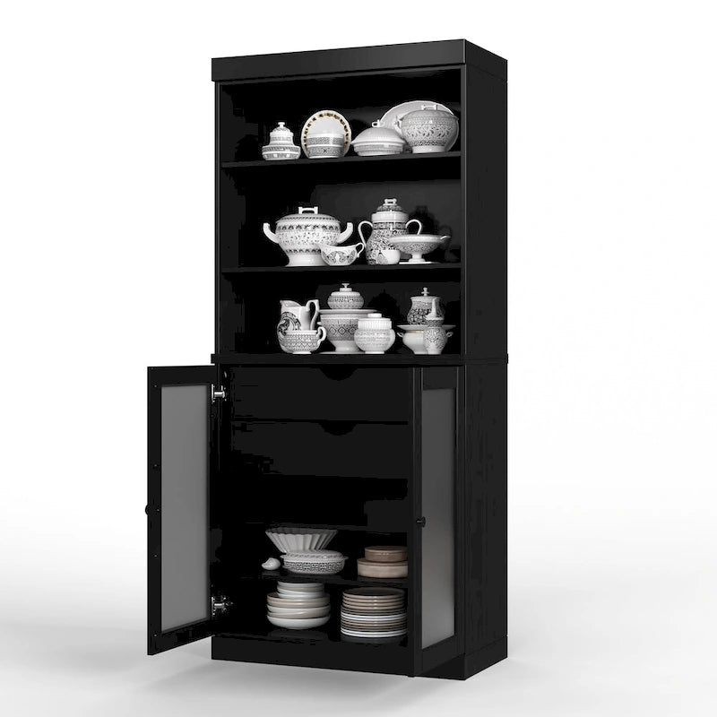 Dispensa in legno massello con ante in vetro satinato, 2 cassetti e ripiani regolabili - 32 x 71.5