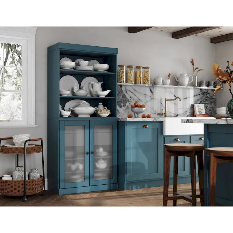 Dispensa in legno massello con ante in vetro satinato, 2 cassetti e ripiani regolabili - 32 x 71.5