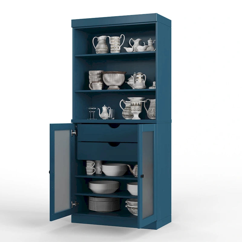 Dispensa in legno massello con ante in vetro satinato, 2 cassetti e ripiani regolabili - 32 x 71.5