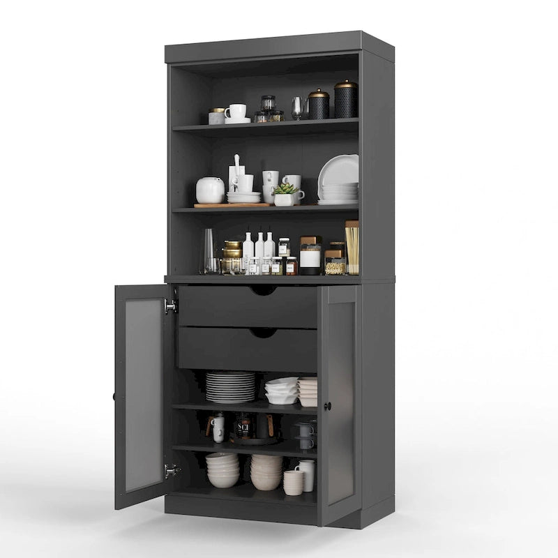 Dispensa in legno massello con ante in vetro satinato, 2 cassetti e ripiani regolabili - 32 x 71.5