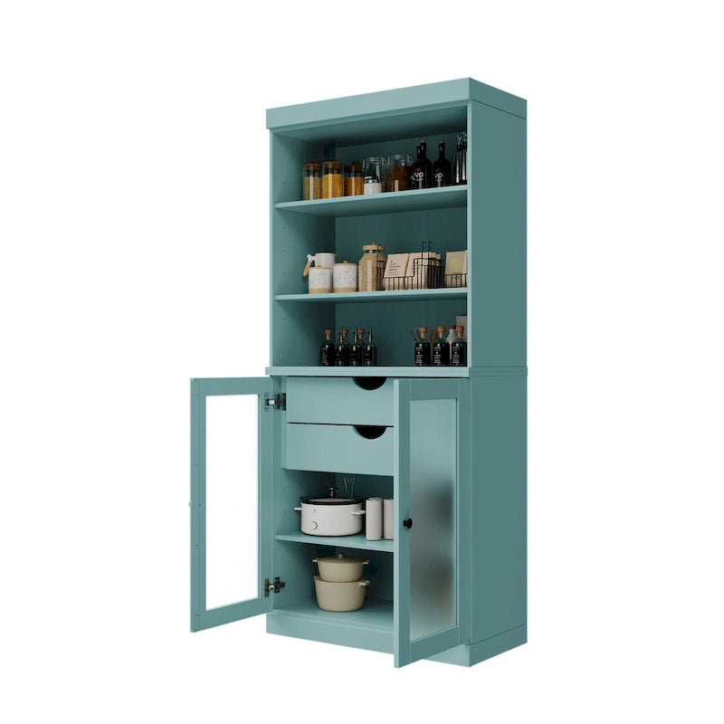 Dispensa in legno massello con ante in vetro satinato, 2 cassetti e ripiani regolabili - 32 x 71.5