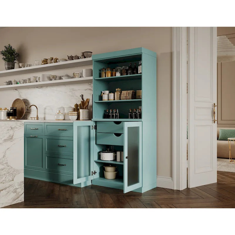 Dispensa in legno massello con ante in vetro satinato, 2 cassetti e ripiani regolabili - 32 x 71.5