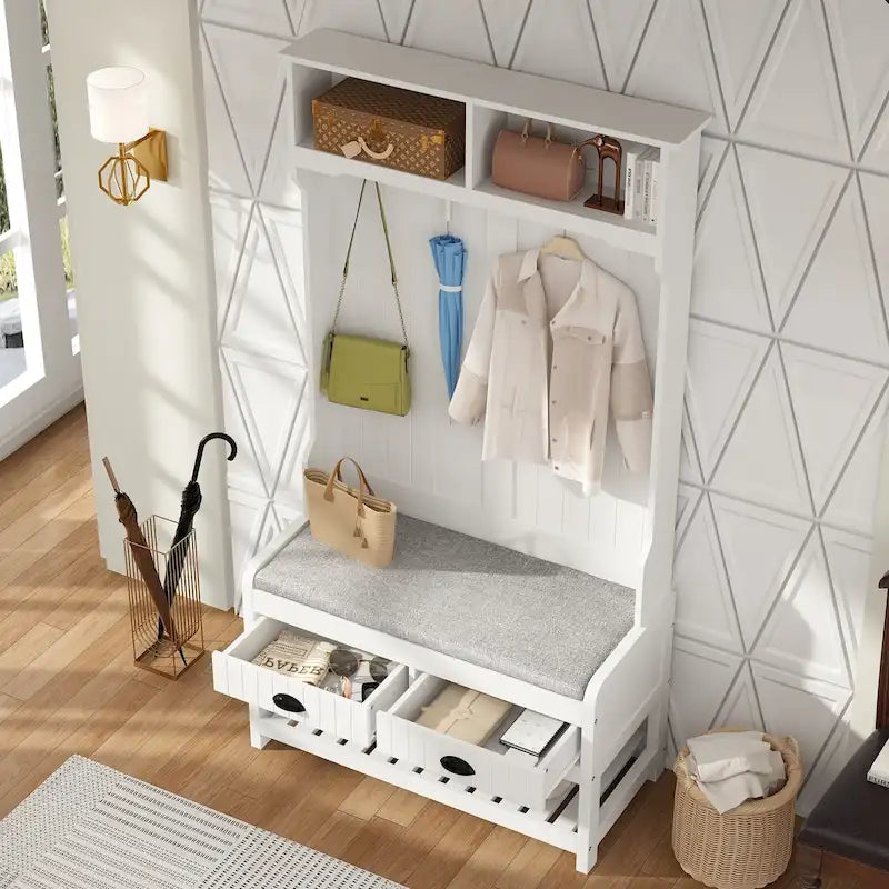 34.3 W 68.5H Hall Tree with Bench and Shoe Storage With Cushion