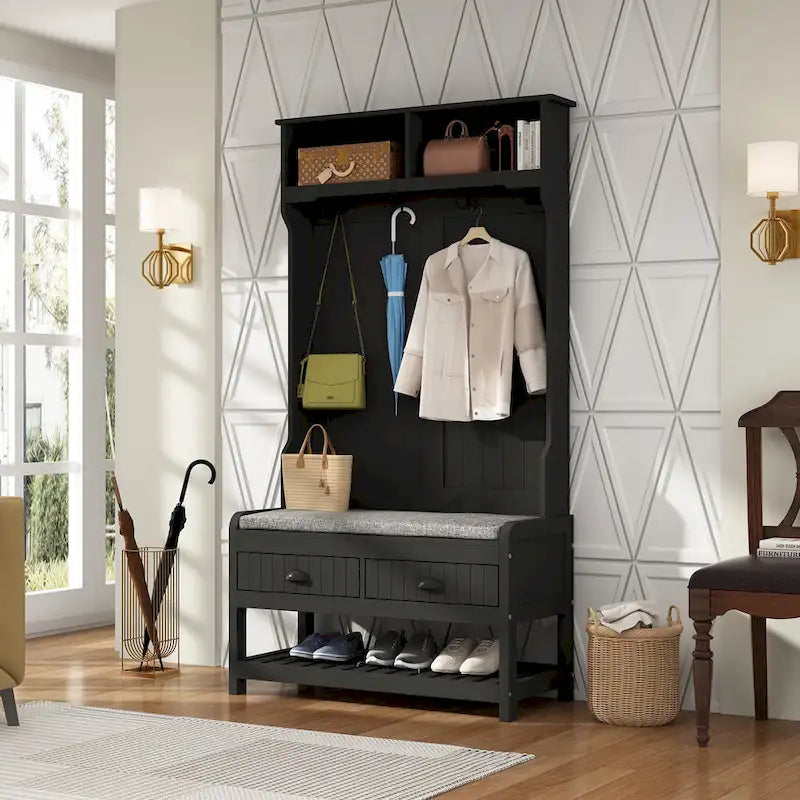 34.3 W 68.5H Hall Tree with Bench and Shoe Storage With Cushion