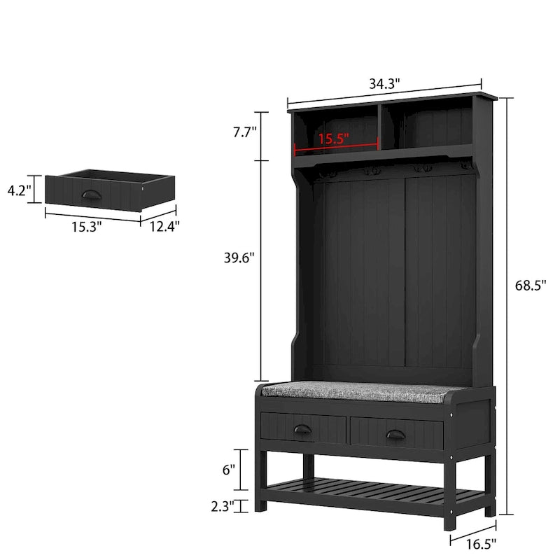 34.3 W 68.5H Hall Tree with Bench and Shoe Storage With Cushion