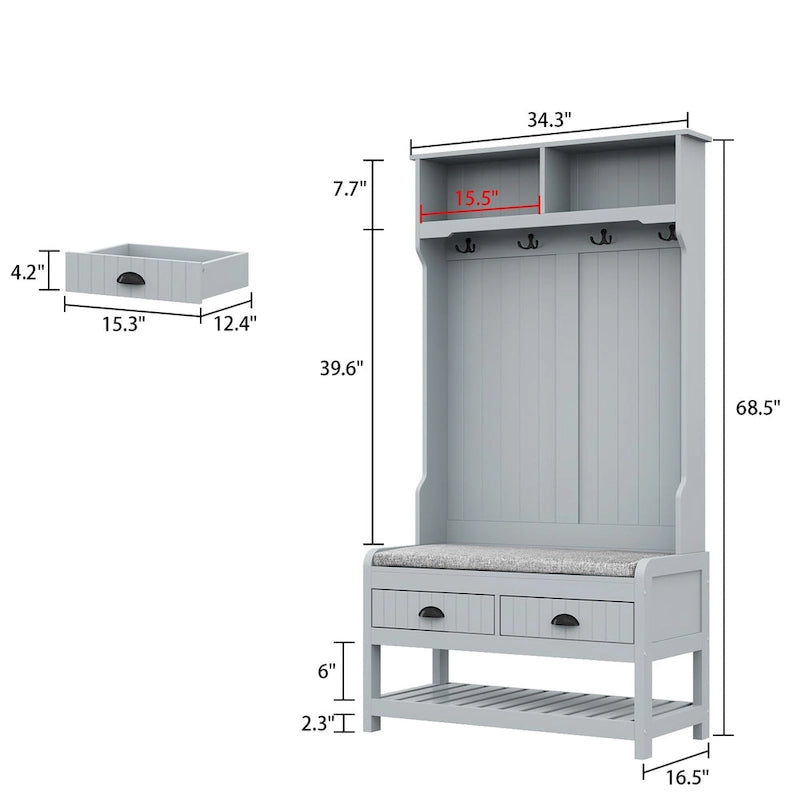 Appendiabiti da ingresso da 34.3 W 68.5H con panca, scarpiera e cuscino