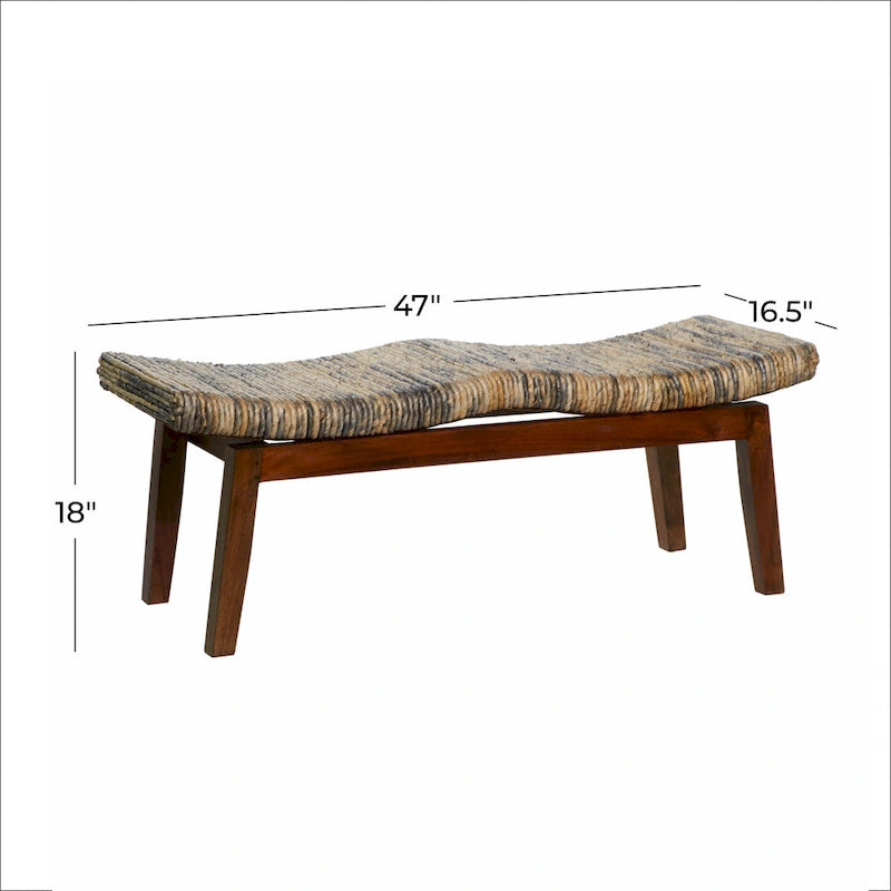 Hand-Woven Wooden Bench - Brown - 17" W x 47" L x 18" H