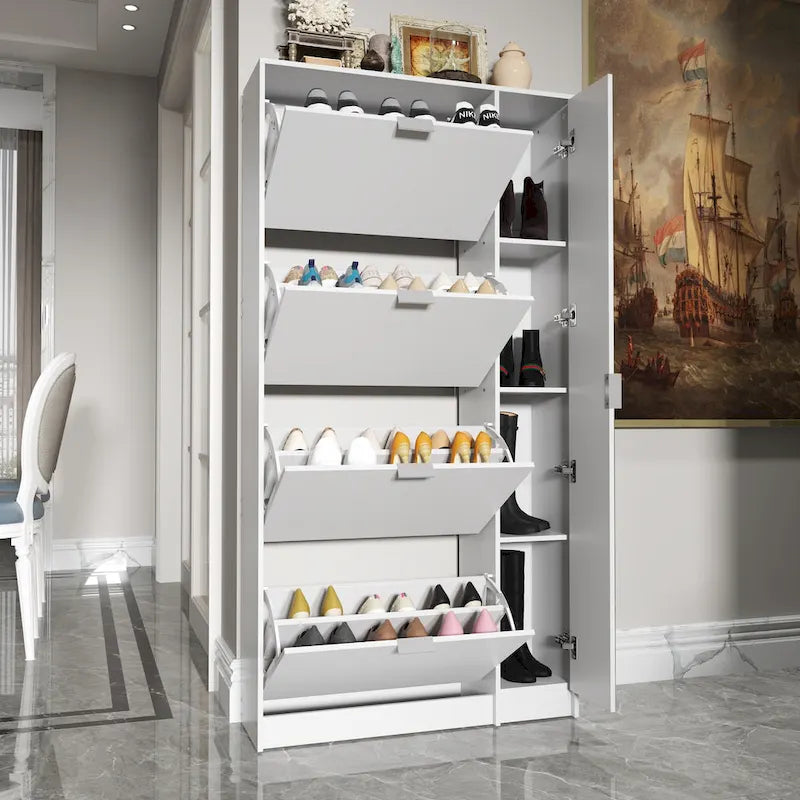 White Shoe Cabinet with Full-Length Mirror Stylish Vertical Storage