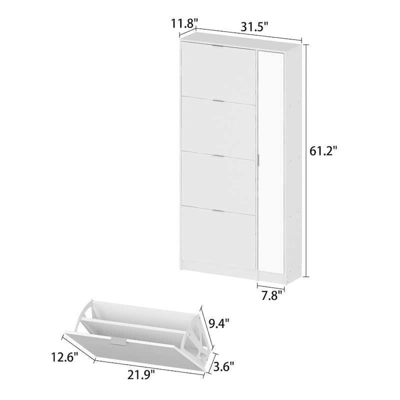 White Shoe Cabinet with Full-Length Mirror Stylish Vertical Storage