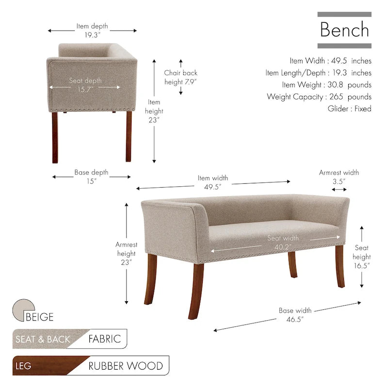 Fabric Upholstered Bench with Rubberwood Legs