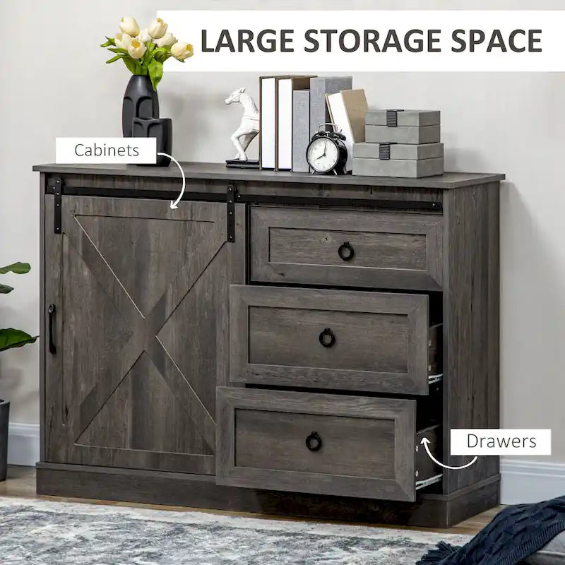 Mobiletto da caffè in stile rustico, credenza da cucina, mobile buffet con anta scorrevole stile fienile e 3 cassetti portaoggetti, grigio scuro