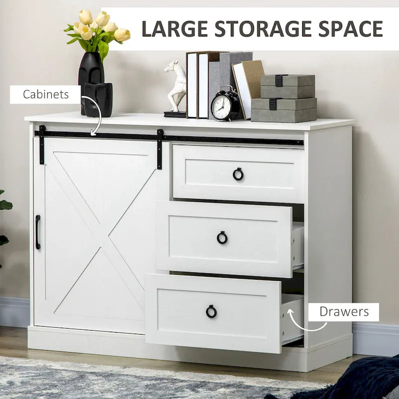 Mobiletto da caffè in stile rustico, credenza da cucina, mobile buffet con anta scorrevole stile fienile e 3 cassetti portaoggetti, grigio scuro