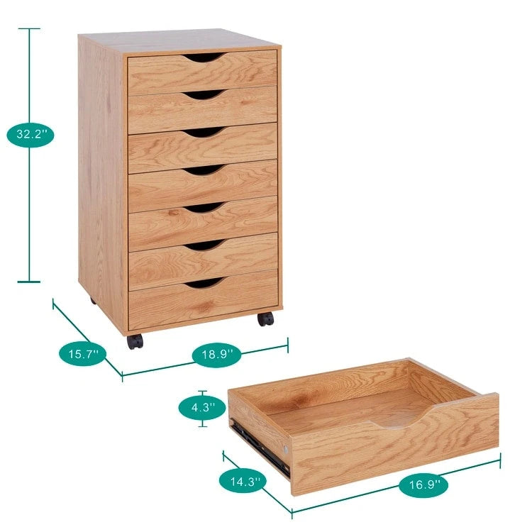 Schedario in legno da ufficio con 7 cassetti, per ufficio domestico, mobile schedario con ruote, mobile contenitore con ruote, cassetto schedario