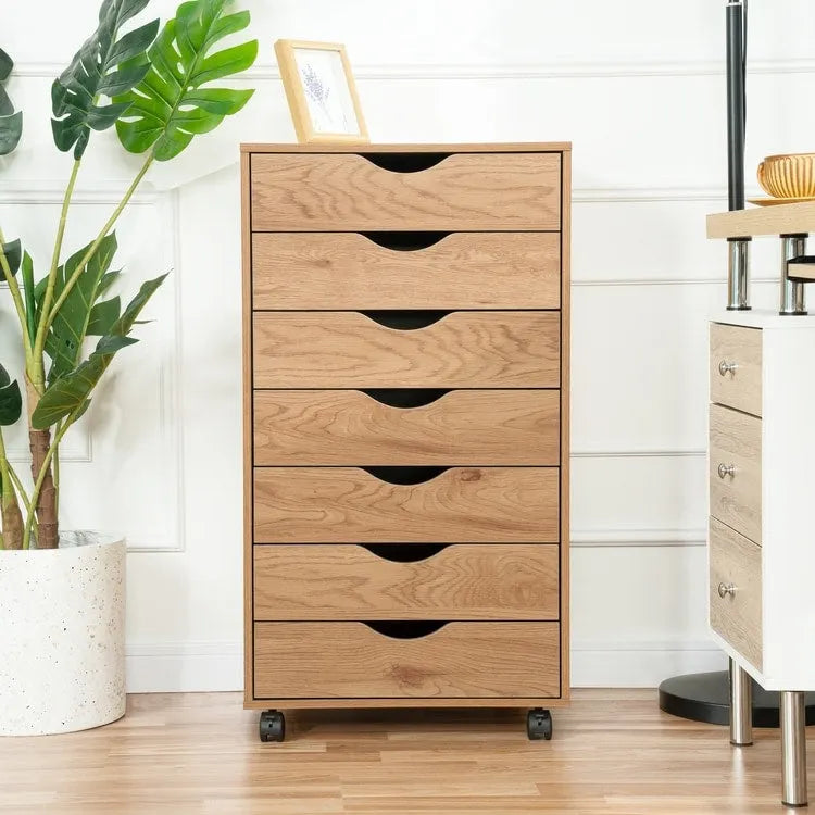 Schedario in legno da ufficio con 7 cassetti, per ufficio domestico, mobile schedario con ruote, mobile contenitore con ruote, cassetto schedario