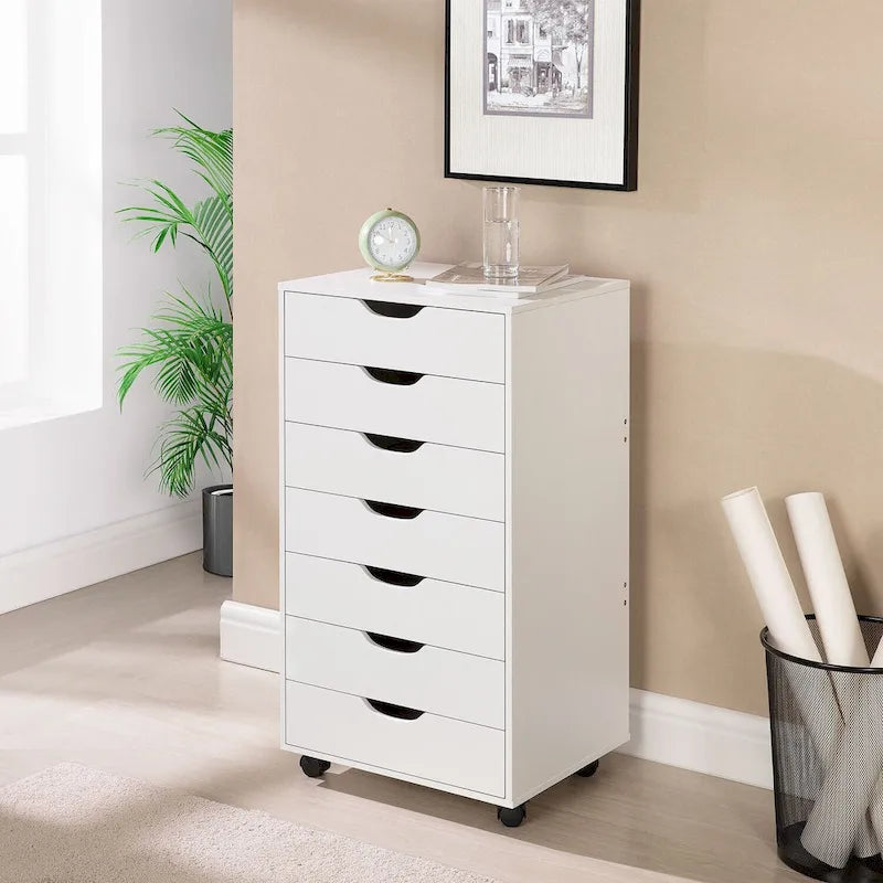 Schedario in legno da ufficio con 7 cassetti, per ufficio domestico, mobile schedario con ruote, mobile contenitore con ruote, cassetto schedario