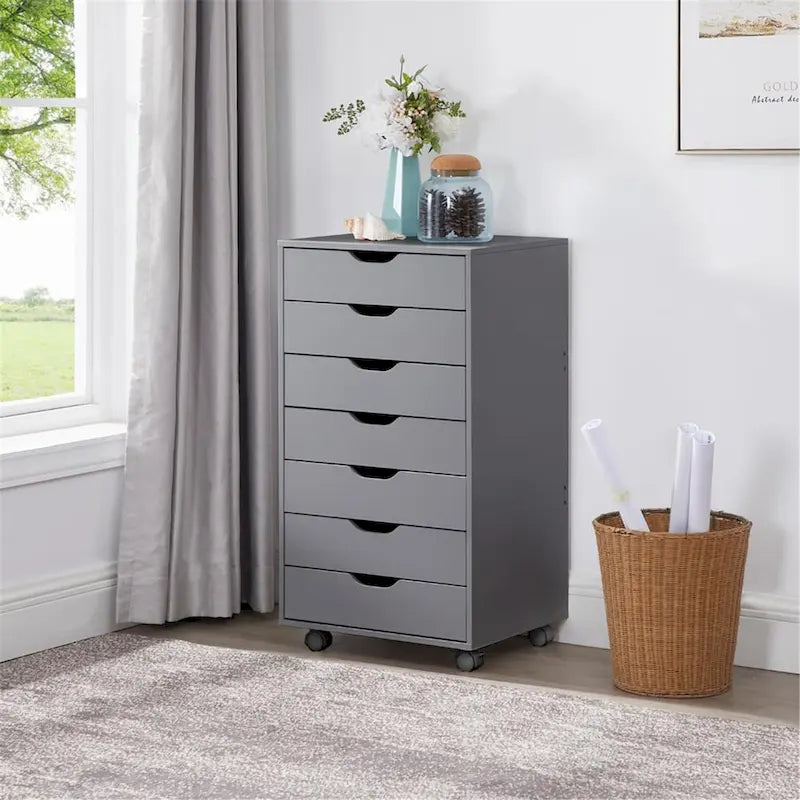 Schedario in legno da ufficio con 7 cassetti, per ufficio domestico, mobile schedario con ruote, mobile contenitore con ruote, cassetto schedario
