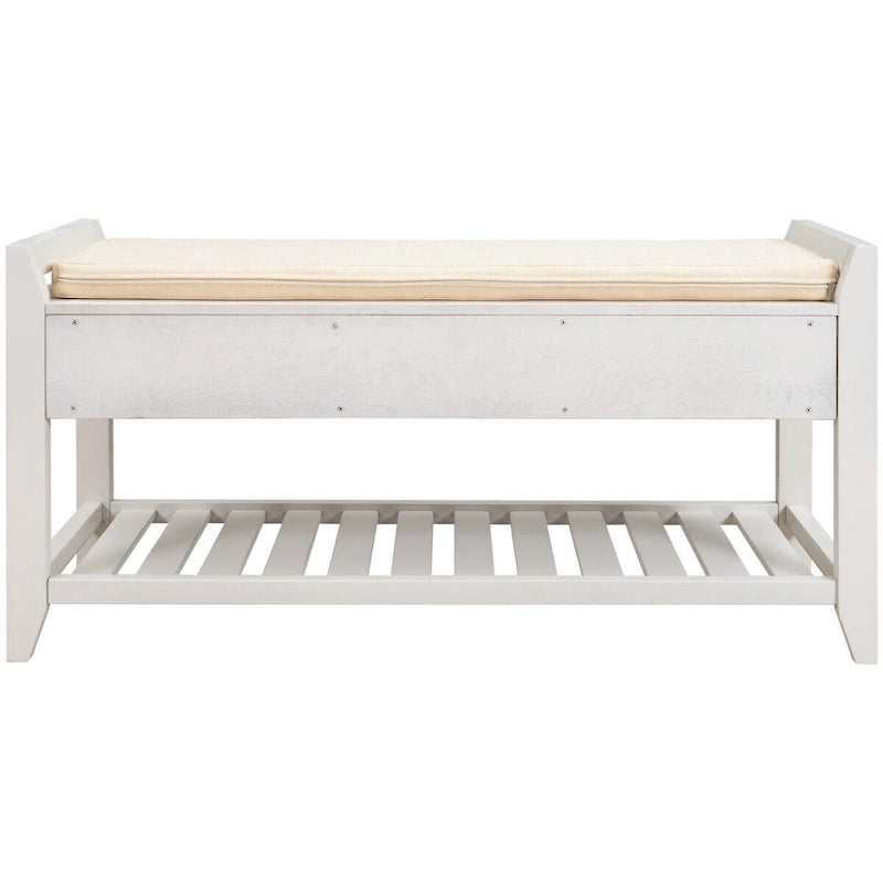 White Entryway Storage Bench with Cushioned Seat and Drawers