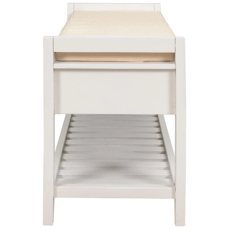 White Entryway Storage Bench with Cushioned Seat and Drawers
