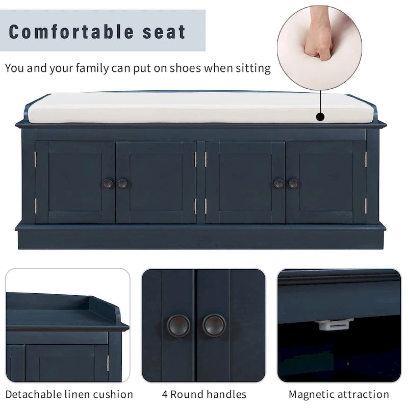 Storage Bench with 4 Doors and Adjustable Shelves, Shoe Bench with Removable Cushion for Living Room, Entryway