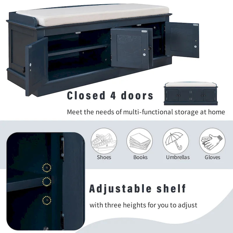 Storage Bench with 4 Doors and Adjustable Shelves, Shoe Bench with Removable Cushion for Living Room, Entryway