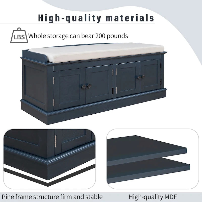 Storage Bench with 4 Doors and Adjustable Shelves, Shoe Bench with Removable Cushion for Living Room, Entryway