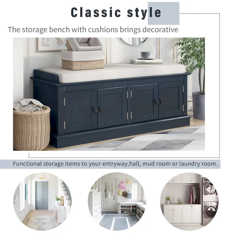 Storage Bench with 4 Doors and Adjustable Shelves, Shoe Bench with Removable Cushion for Living Room, Entryway