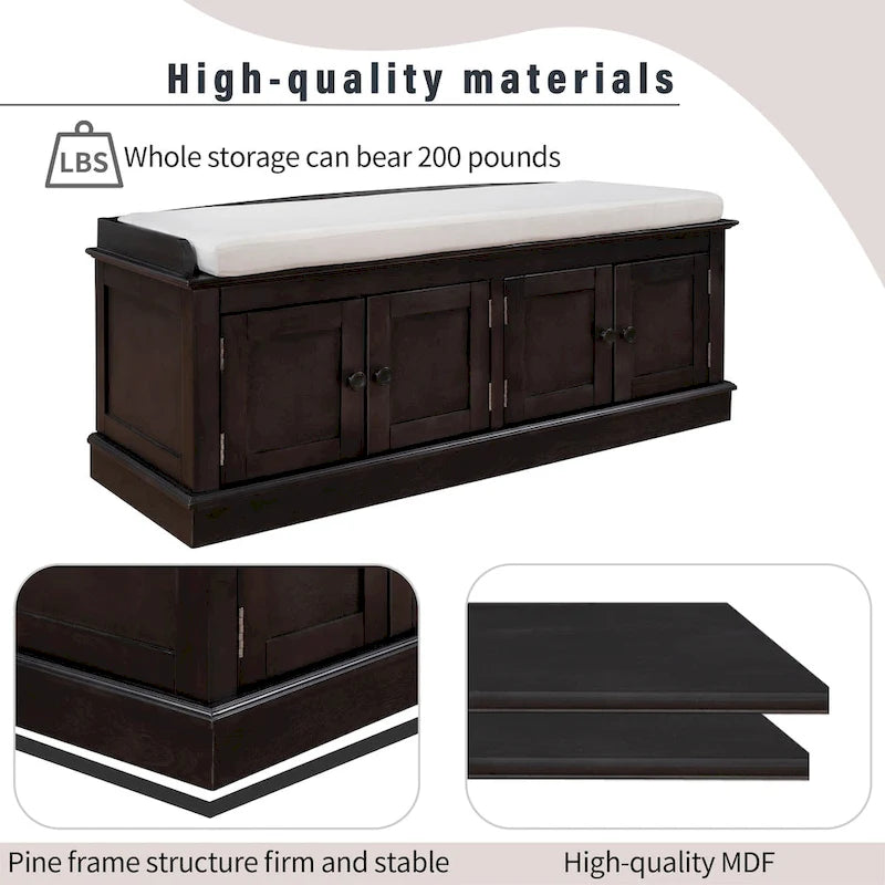 Storage Bench with 4 Doors and Adjustable Shelves, Shoe Bench with Removable Cushion for Living Room, Entryway