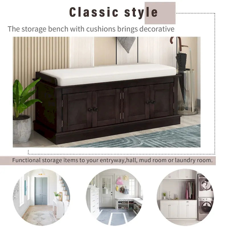 Storage Bench with 4 Doors and Adjustable Shelves, Shoe Bench with Removable Cushion for Living Room, Entryway