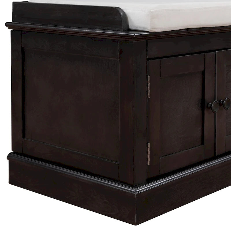 Storage Bench with 4 Doors and Adjustable Shelves, Shoe Bench with Removable Cushion for Living Room, Entryway